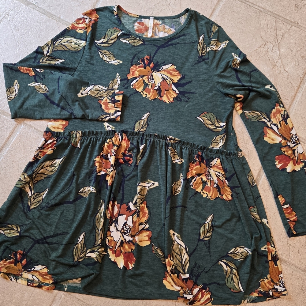 Green Babydoll Top Or Mini Dress L-XL Brown Flowers Lime & Chili